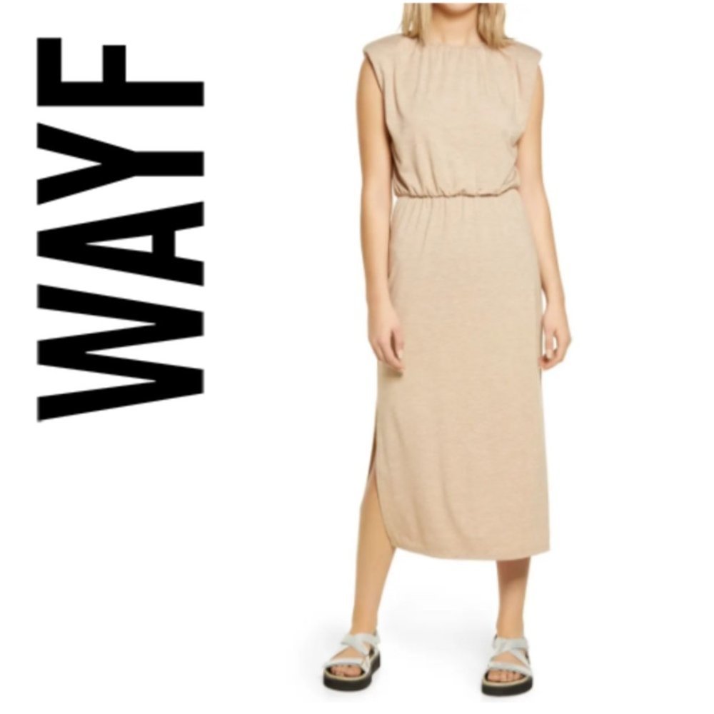 NEW Padded Shoulder Midi Dress WAYF XL in Sand